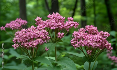 a cluster of pink flowers blooming in the forest, outdoor scenery, pink flowers in the woods