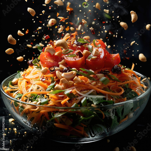 On a black background, display a floating bowl of Thai green papaya salad (som tum) in mid-air. The salad with shredded papaya, tomatoes, carrots, green beans, peanuts, and dried shrimp. photo