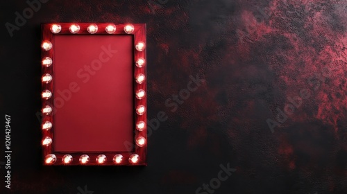 A vibrant red marquee frame with lights on a dark background, ideal for showcasing text or photos in a dramatic setting. photo