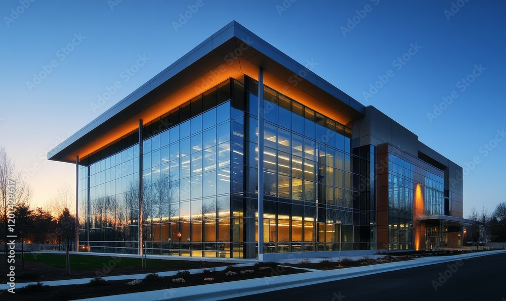 A contemporary architecture marvel featuring a sleek glass building with a warmly lit interior, reflecting sophistication and modern design aesthetics