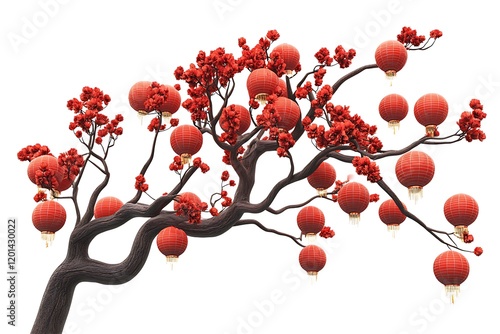 3D Style Traditional Red Chinese Lantern Tree Isolated photo