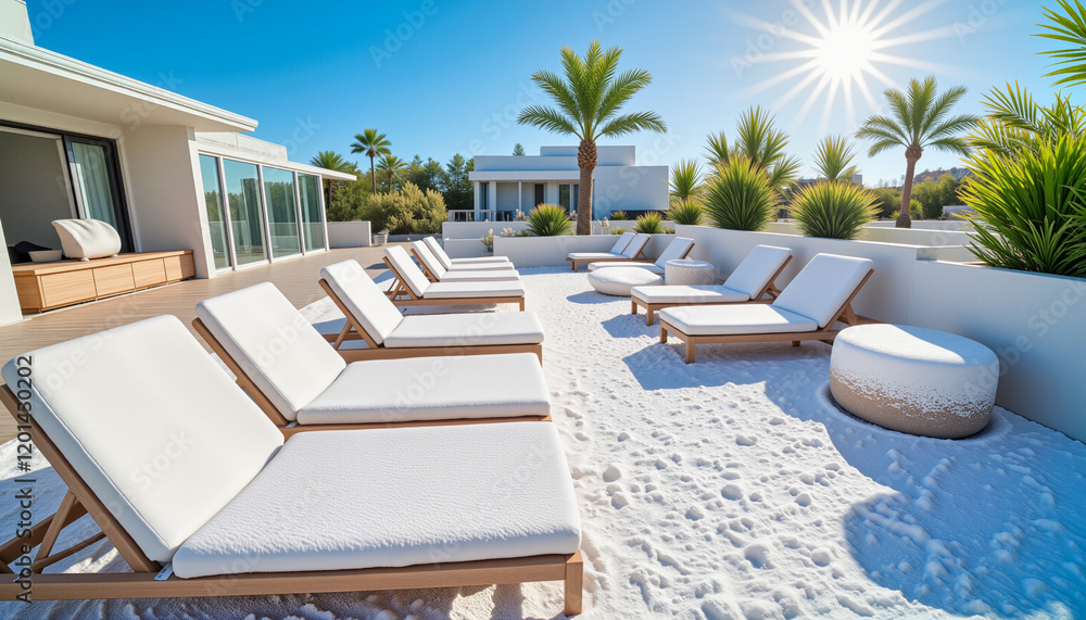 Fototapeta premium Surreal scene of snow-covered sun loungers in tropical resort under bright sunshine