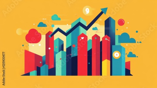 Vibrant and Colorful Abstract Illustration of Rising Graph and Growing Business Progress on Yellow Background