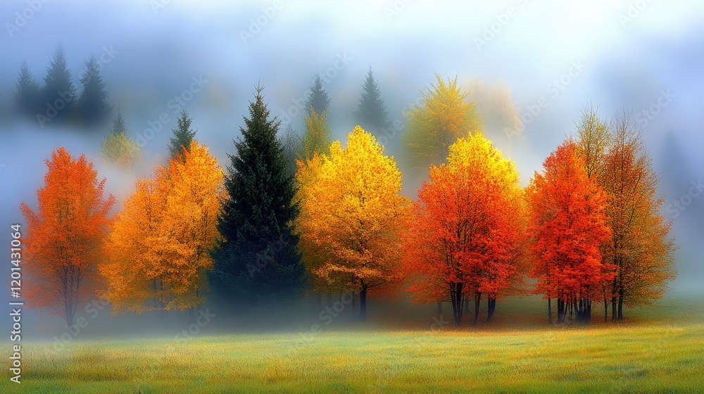 Fototapeta premium Autumnal trees in misty mountain meadow. Peaceful fall landscape for nature calendars