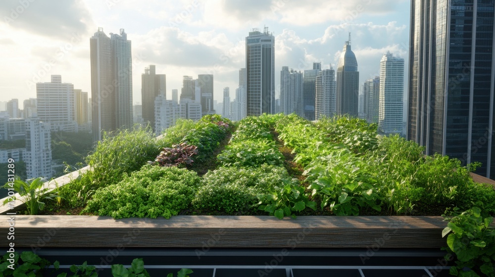 Fototapeta premium A lush rooftop garden filled with greenery contrasts against a backdrop of modern skyscrapers under a bright, cloudy sky.