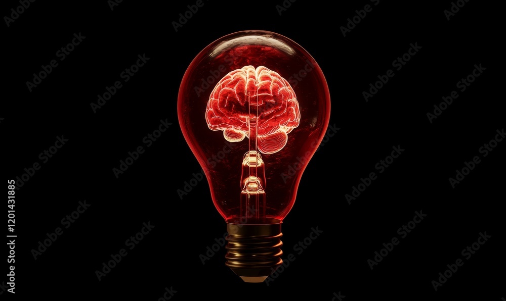 Brain is inside a light bulb. The bulb is red and the brain is glowing. The image has a mood of mystery and intrigue Brain is inside a light bulb. The bulb is red and the brain is glowing. The image has a mood of mystery and intrigue