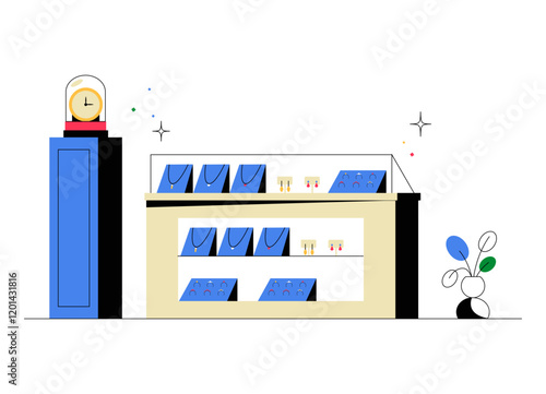 Jewelry Store Display Shelf In Flat Vector Illustration Symbolizing Retail, Product Showcase, And Store Design, Isolated On White Background