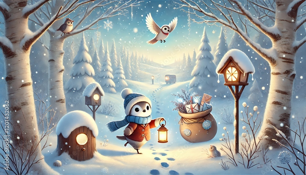 Naklejka premium Whimsical Bird Postman Delivering Enchanted Letters Through a Snowy Forest on a Sunny Winter's Day