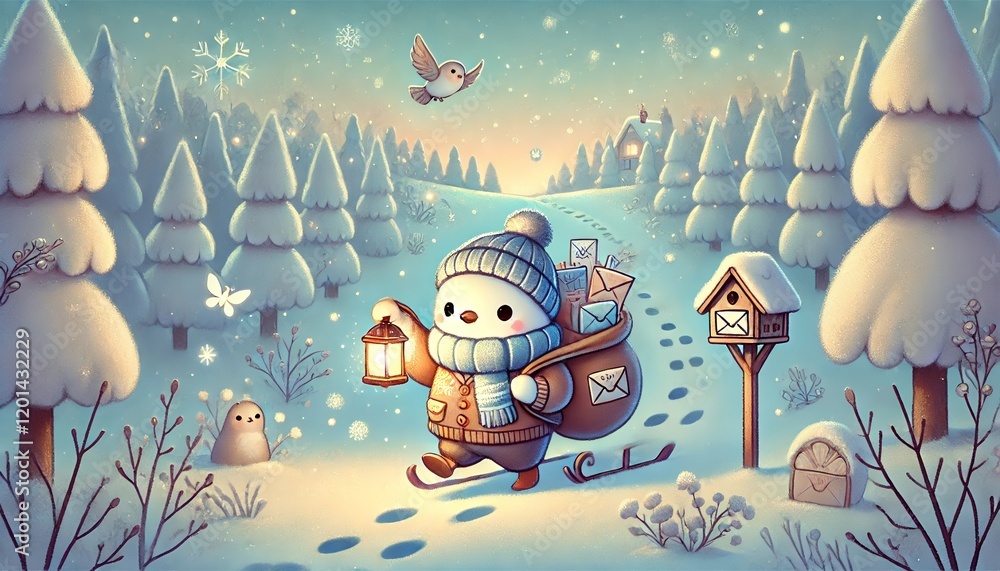 Naklejka premium A Whimsical Bird Postman Delivering Magic Letters in a Snowy Forest Setting Under a Gentle Winter-to-Spring Sky