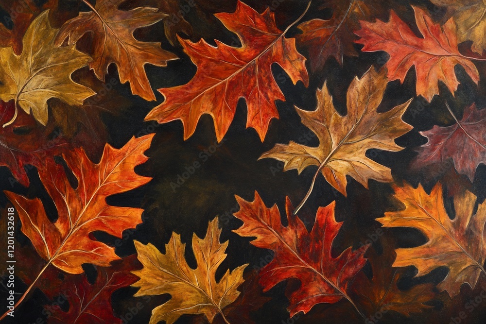 Autumn oak leaves painting, red, orange, brown, dark background. Autumn oak leaves painting, red, orange, brown, dark background.