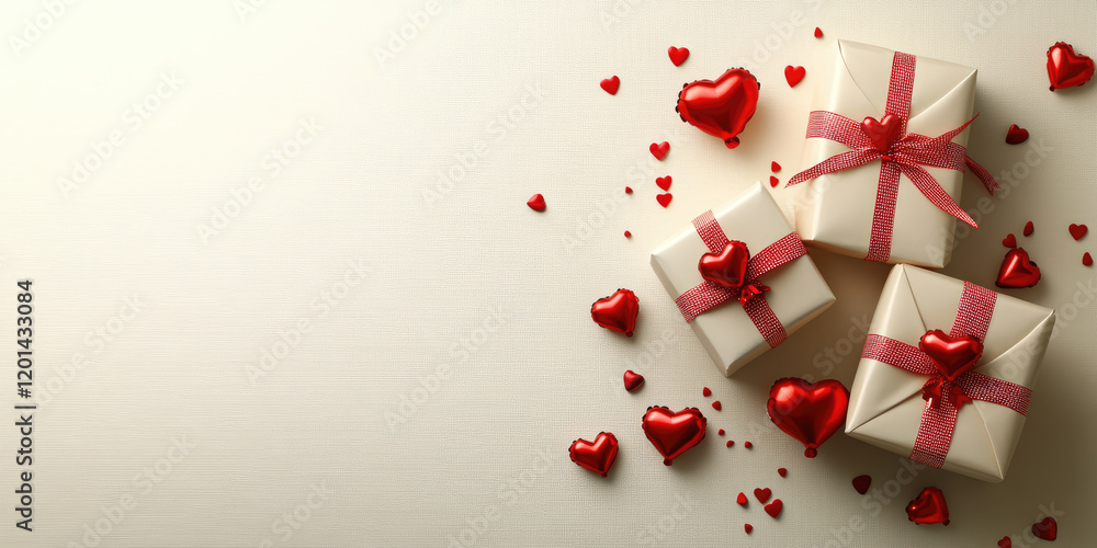 A beautifully arranged banner features scattered rose petals alongside candles and gift boxes, for celebrating on Valentines Day or anniversaries in a romantic setting. Banner. Copy space. Flat lay A beautifully arranged banner features scattered rose petals alongside candles and gift boxes, for celebrating on Valentines Day or anniversaries in a romantic setting. Banner. Copy space. Flat lay