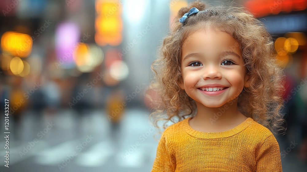 A young girl with curly hair enjoys a moment on a bustling urban street. Her cheerful smile captures the lively atmosphere of the city as pedestrians pass by A young girl with curly hair enjoys a moment on a bustling urban street. Her cheerful smile captures the lively atmosphere of the city as pedestrians pass by