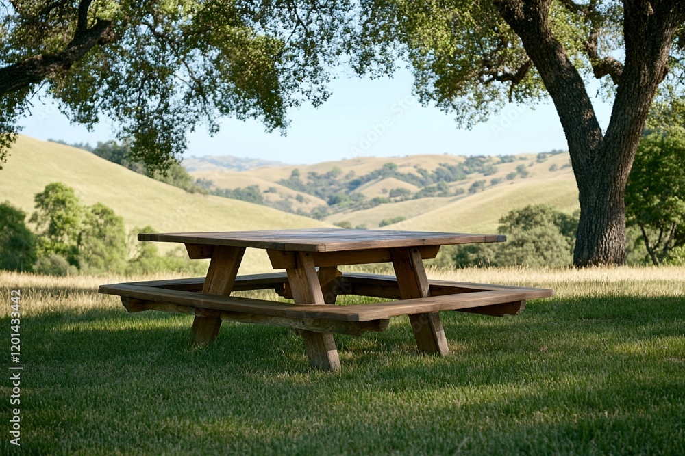 Rustic wooden picnic table under shady trees overlooking rolling hills. Rustic wooden picnic table under shady trees overlooking rolling hills.