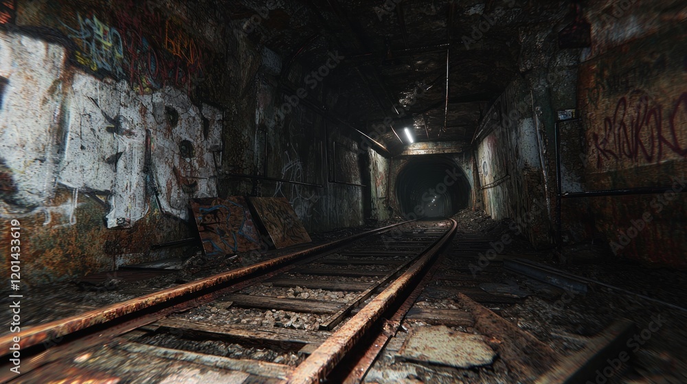 Naklejka premium Abandoned Train Tunnel: A Dark and Mysterious Urban Exploration