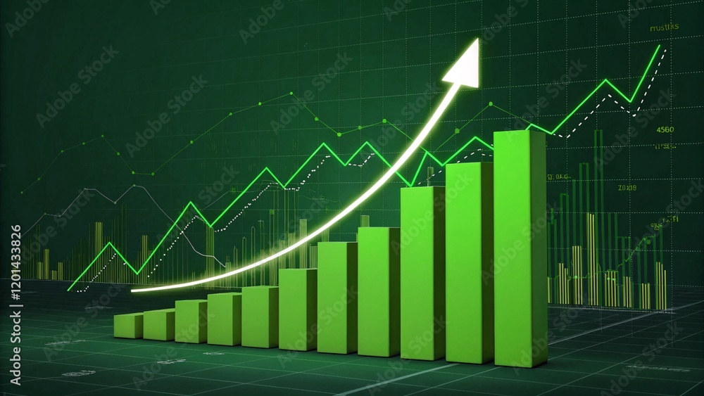 Fototapeta premium growth and success: 3d green bar graph with upward arrow.