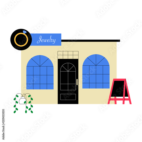 Jewelry Store Exterior In Flat Vector Illustration Symbolizing Luxury, Retail Business, And Shopping, Isolated On White Background.