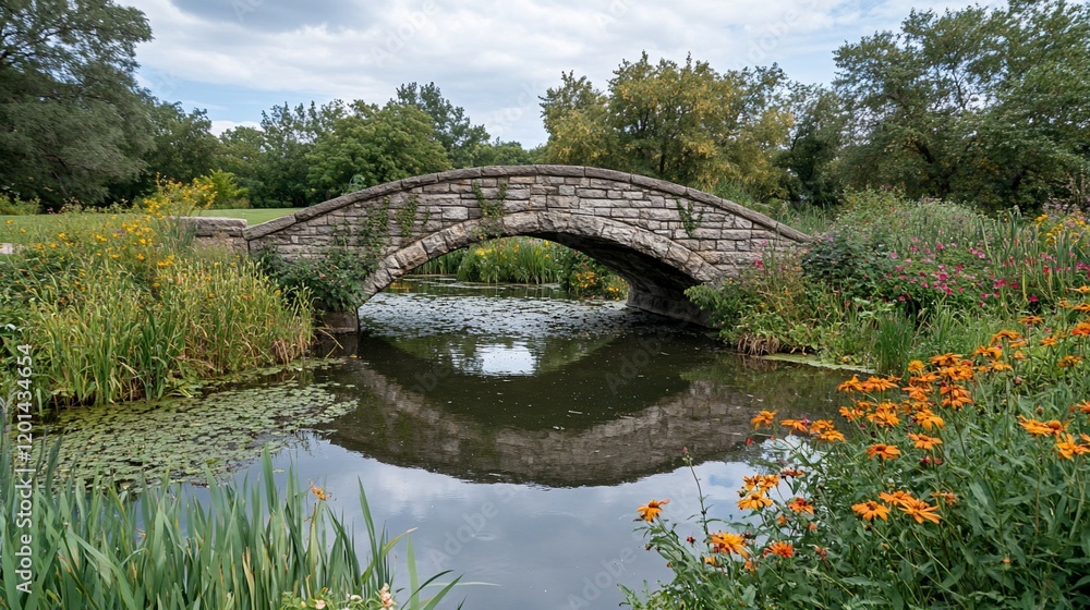 Stone arch bridge over calm water reflecting the bridge in a lush garden. Stone arch bridge over calm water reflecting the bridge in a lush garden.