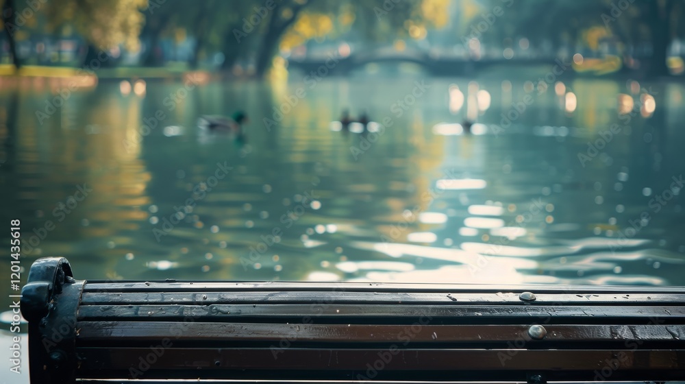 A serene park scene featuring a bench by a tranquil lake with ducks swimming in the background. A serene park scene featuring a bench by a tranquil lake with ducks swimming in the background.