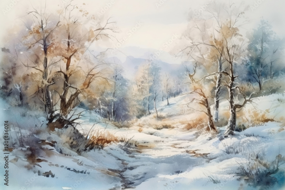 gentle watercolor winter landscape with trees and path, footprints in the snow, illustration., watercolor style, Generative AI gentle watercolor winter landscape with trees and path, footprints in the snow, illustration., watercolor style, Generative AI