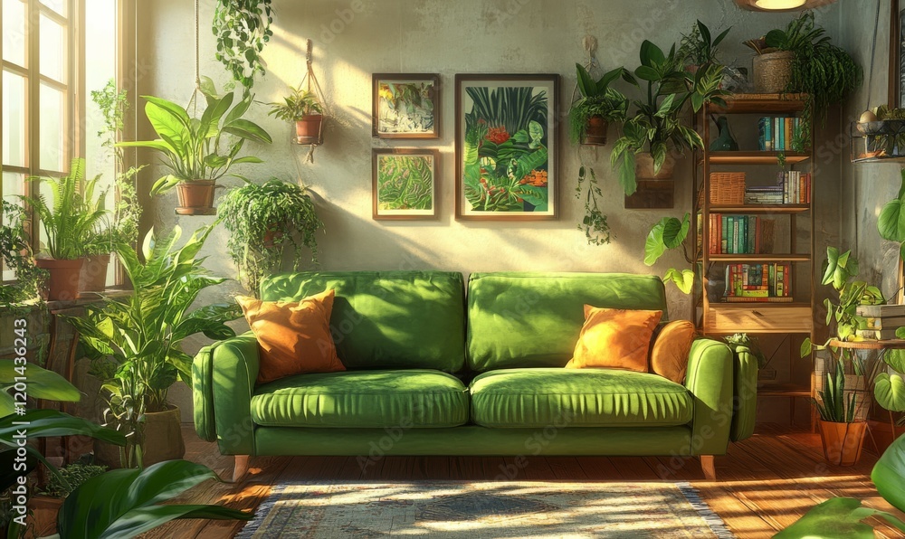 A comfortable green sofa is surrounded by numerous lush potted plants, creating a cozy, inviting atmosphere in a modern, earthy-toned living room interior design.