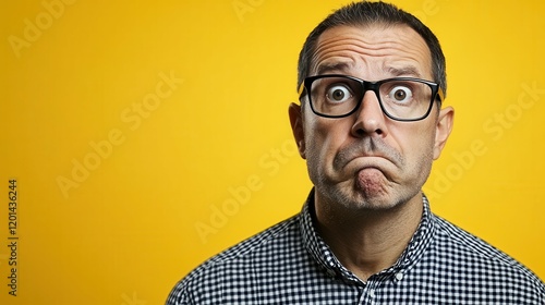 A man wearing glasses shows surprise and confusion, making a facial expression that conveys uncertainty. The bright yellow background adds emphasis to his puzzled look