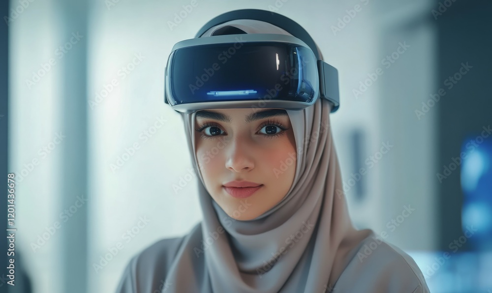 businesswoman in hijab is immersed in virtual reality experience, showcasing modern technology and innovation. businesswoman in hijab is immersed in virtual reality experience, showcasing modern technology and innovation.