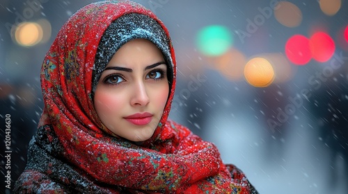 A woman stands in a snowy city street, wearing a colorful scarf. Snowflakes drift around her as she gazes softly at the blurred lights in the background photo