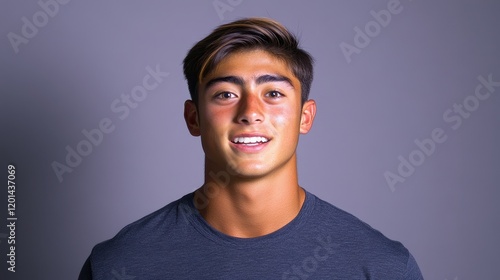 A young male athlete stands confidently with a broad smile, showcasing his energetic spirit. The studio light highlights his features, adding warmth to the setting