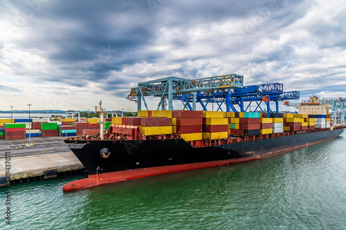 A view along the container port in Boston in the early morning in the fall photo