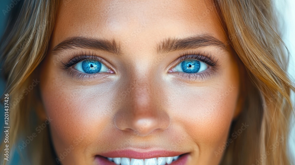 A young woman with striking blue eyes and a warm smile is seen against a soft backdrop. Her golden hair frames her face, embodying a cheerful and vibrant moment in daylight