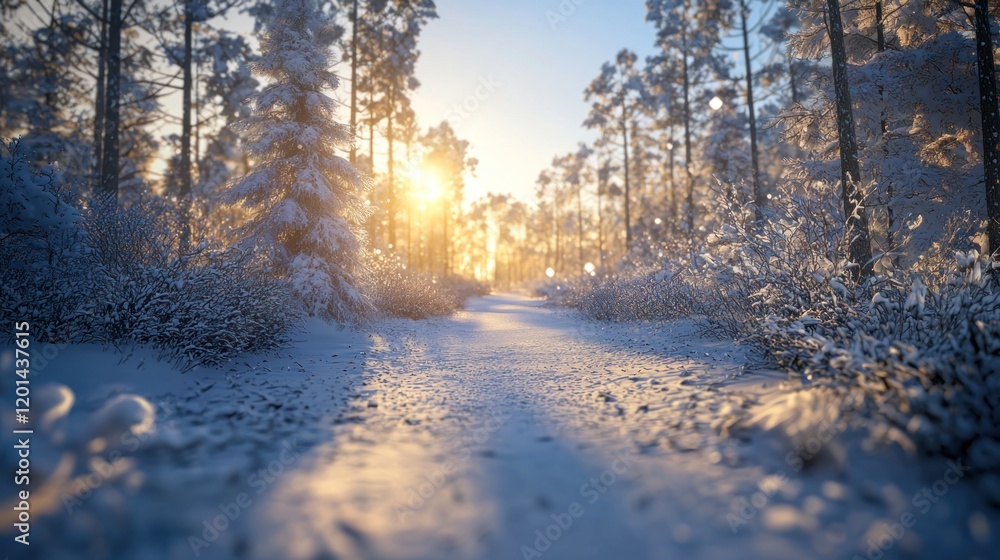 Winter Wonderland: A Sunlit Path Through a Snow-Covered Forest Winter Wonderland: A Sunlit Path Through a Snow-Covered Forest