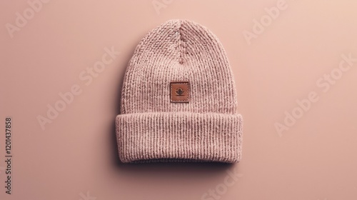 A pink beanie with a leather tag