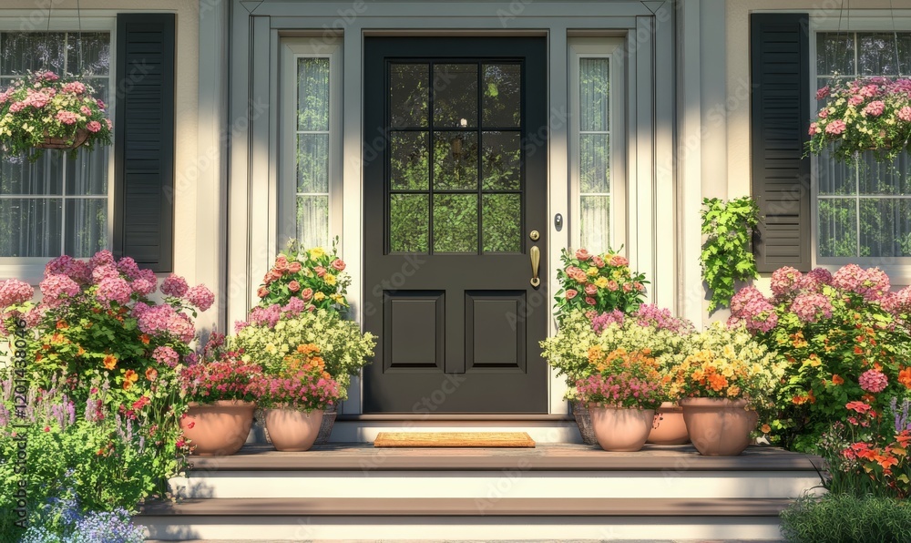 Obraz premium A Front Door with a Window and Planters Full of Flowers