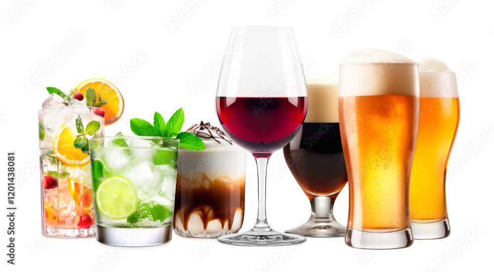 Set and collection of classic alcohol cocktails, beer and mocktail isolated on white background with fresh summer fruits Set and collection of classic alcohol cocktails, beer and mocktail isolated on white background with fresh summer fruits