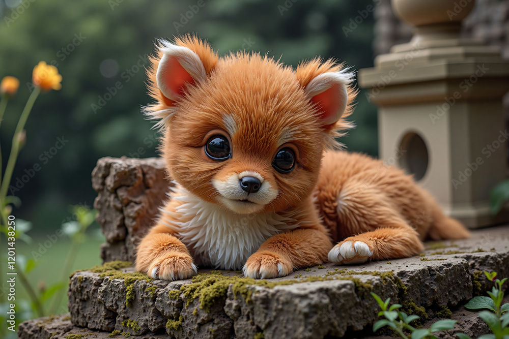 Fluffy orange puppy with expressive eyes resting on mossy stones against garden background