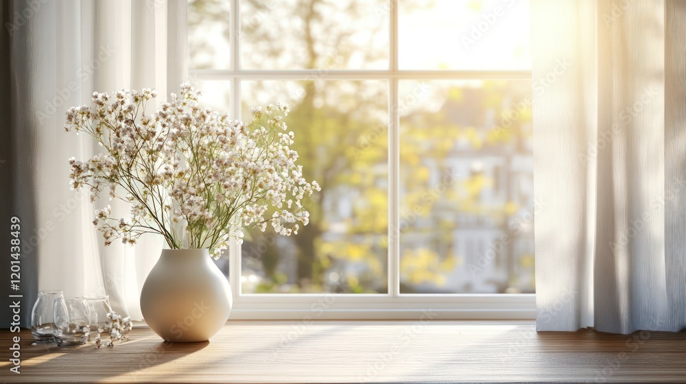 Sunlit window sill with vase of white flowers, sunlight streaming through sheer curtains. Sunlit window sill with vase of white flowers, sunlight streaming through sheer curtains.