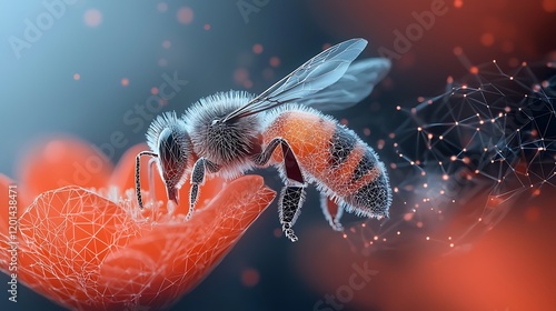 Bee pollinating flower, network background, nature tech concept, stock image