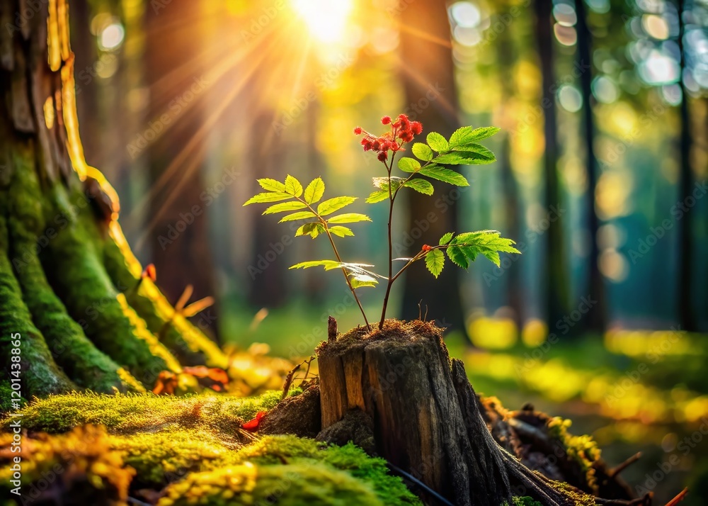 Fototapeta premium Polish Forest: Tiny Rowan Sprout Emerging from Ancient Stump - Tilt-Shift Miniature