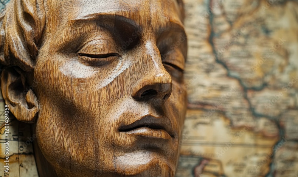 Carved Wooden Man Face Over Antique Map Carved Wooden Man Face Over Antique Map