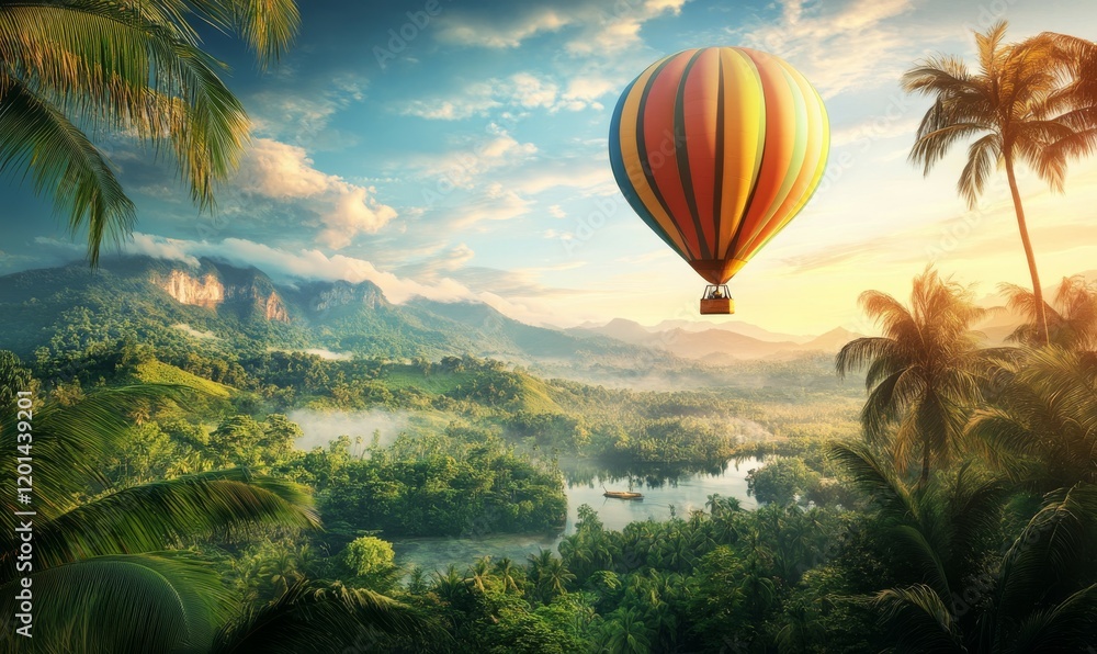 Fototapeta premium A Hot Air Balloon Ascending Over a Lush Tropical Landscape
