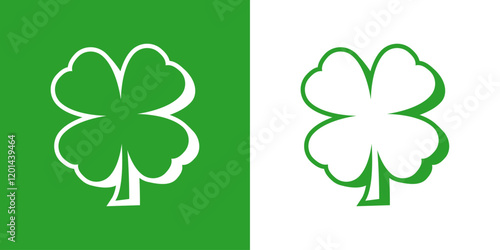 Logo con silueta de trébol de cuatro hojas en perspectiva tridimensional en espacio negativo para tarjetas y felicitaciones de San Patricio