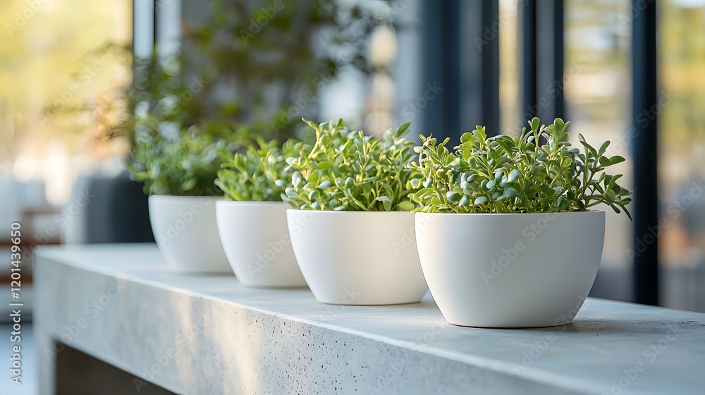 A Set of Minimalist White Gardening Pots Arranged on a Concrete Shelf with Lush Indoor Greenery A Set of Minimalist White Gardening Pots Arranged on a Concrete Shelf with Lush Indoor Greenery