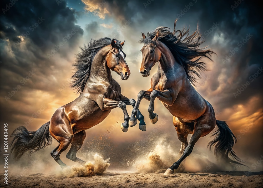 Powerful Horse Fight: Dramatic Action Shot of Two Stallions Battling for Dominance