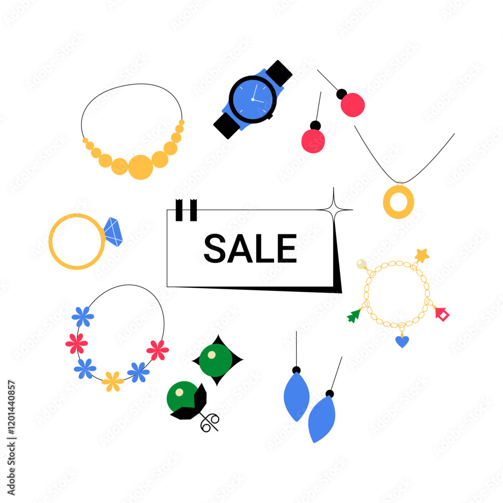Obraz premium Jewelry Sale Items Including Watches, Necklaces, Earrings, And Bracelets In Flat Vector Illustration Symbolizing Discounts, Shopping, And Fashion, Isolated On White Background.