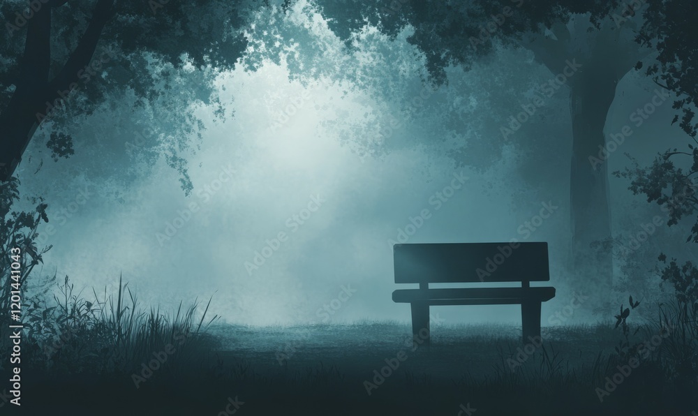 A lone bench in a foggy, shadowy forest A lone bench in a foggy, shadowy forest