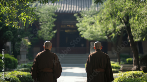 Two monks walking in serene monastery garden, surrounded by lush greenery and tranquility. peaceful atmosphere invites reflection and calmness