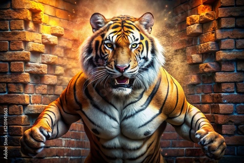 Powerful Tiger Mascot Smashing Through Wall - Sports Team Logo Concept photo