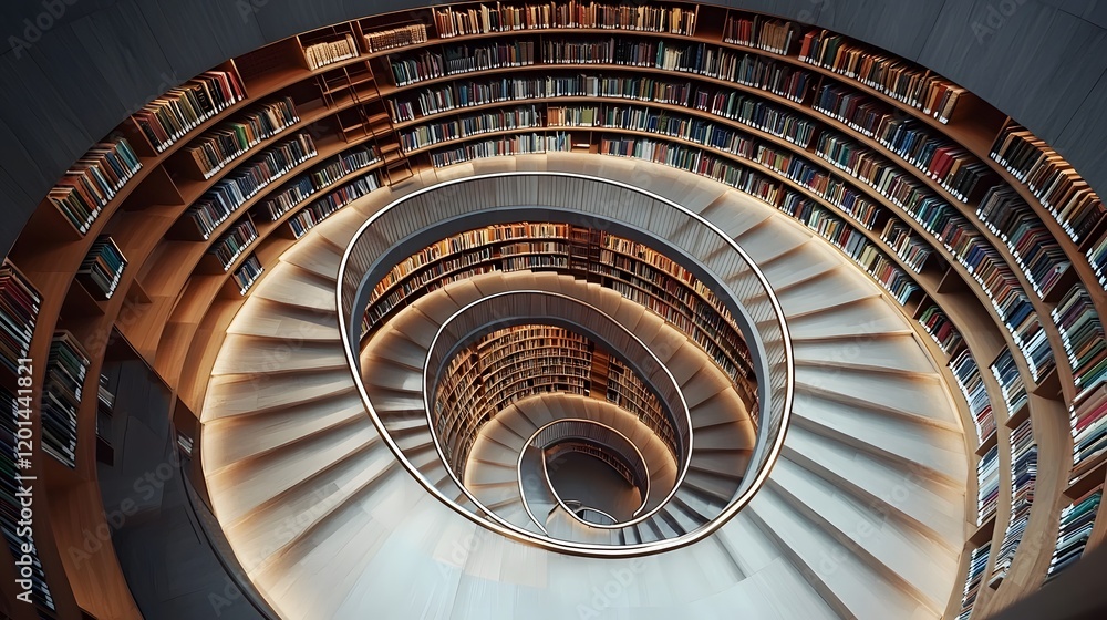 Obraz premium Captivating Spiral Library with Concentric Bookshelves and Staircase