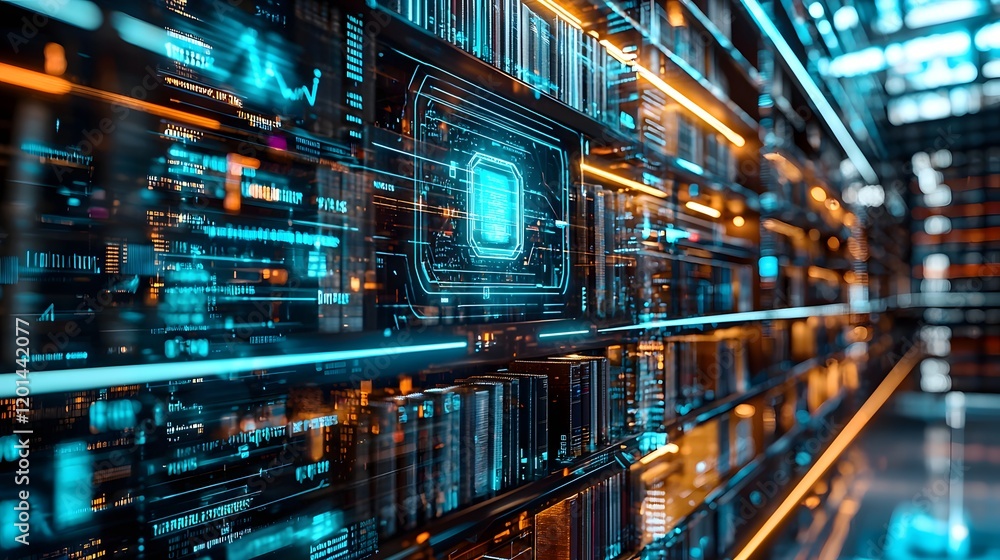 Futuristic Library with Holographic Books and Glowing Shelves Showcasing Advanced Technology Futuristic Library with Holographic Books and Glowing Shelves Showcasing Advanced Technology