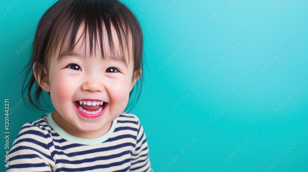 A young child with dark hair laughs widely, showcasing a joyful expression. The vibrant blue backdrop enhances their cheerful demeanor, making it an uplifting moment A young child with dark hair laughs widely, showcasing a joyful expression. The vibrant blue backdrop enhances their cheerful demeanor, making it an uplifting moment